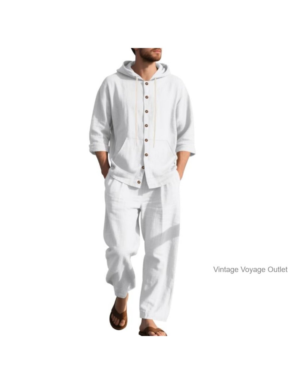 2 Piece Cotton Linen Set Long Sleeve Henley Shirts Beach Yoga Pants Summer